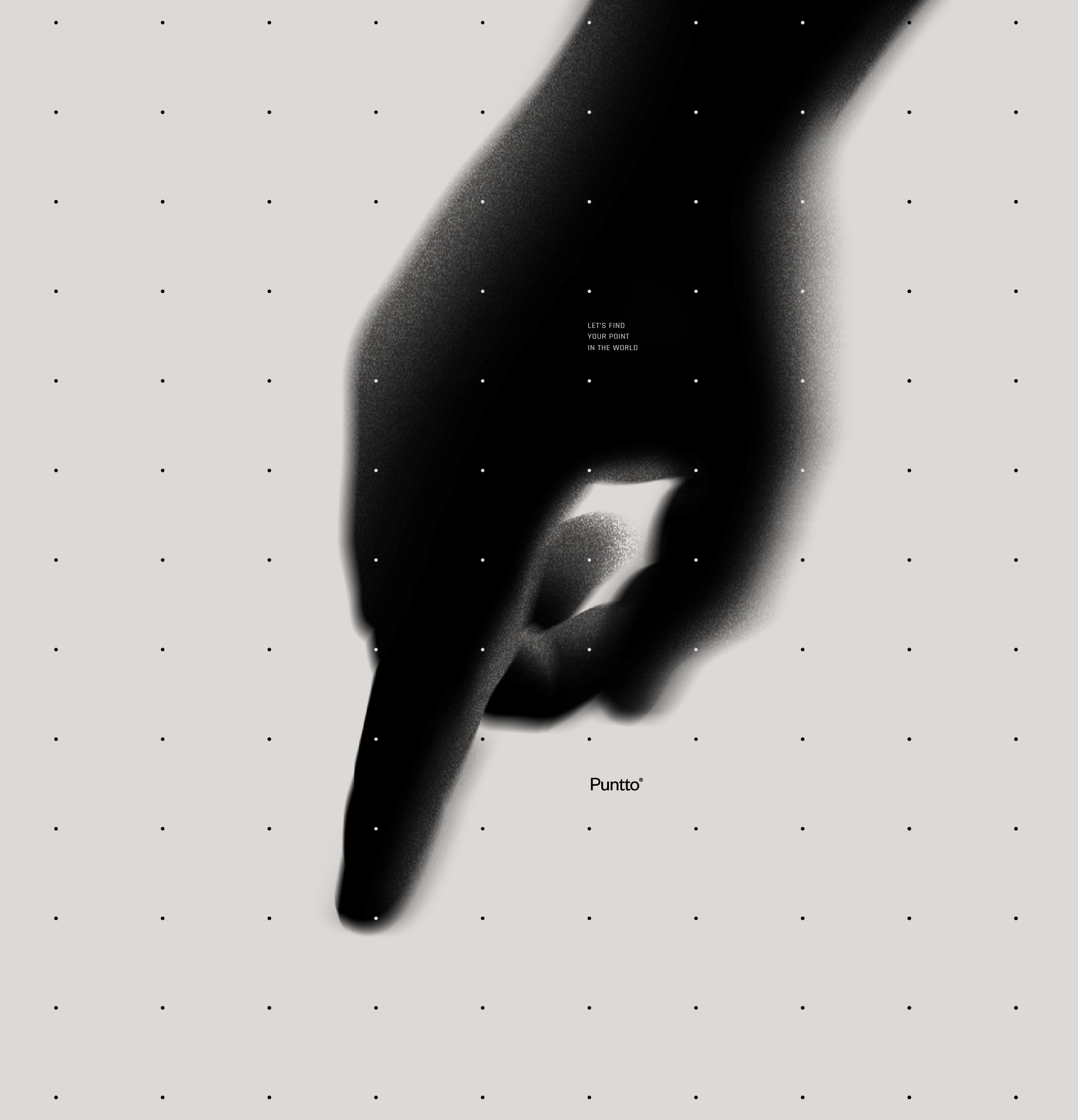 Puntto brand poster — a pointing hand with the line ‘Let's find your point in the world’
